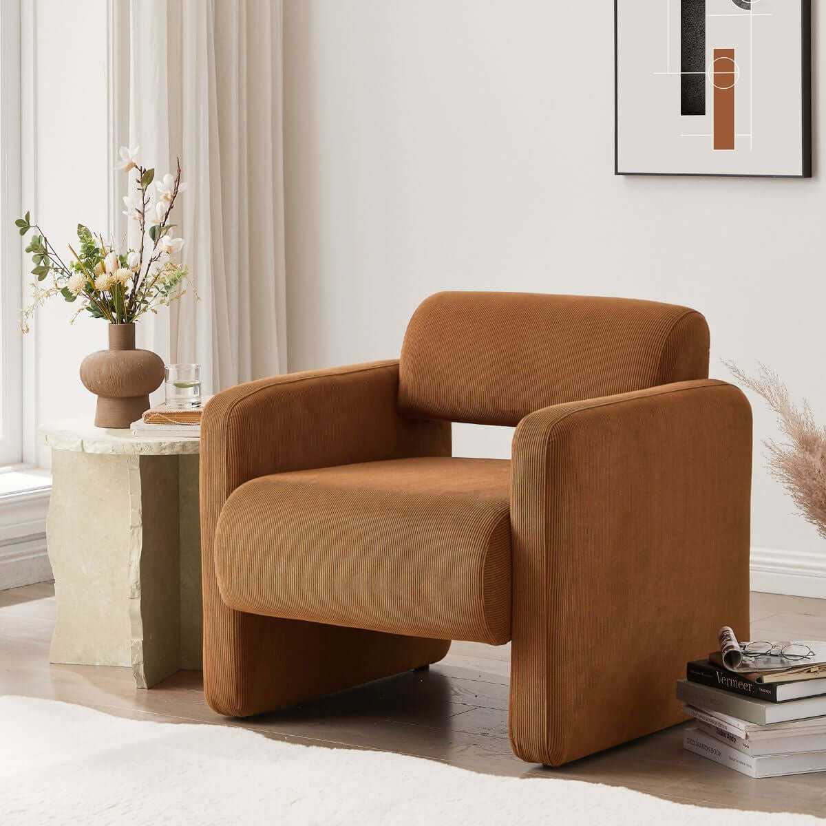 Lilah Modern Boucle Fabric Comfy Armchair - Burnt Orange