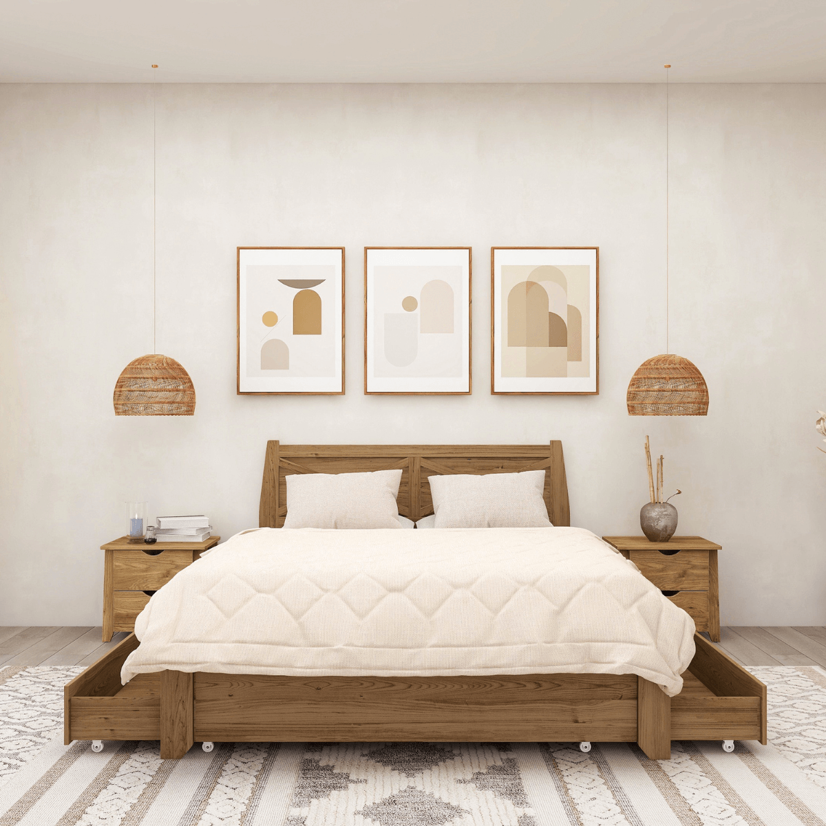Mica Natural Wooden Queen Bed Frame with Storage Drawers