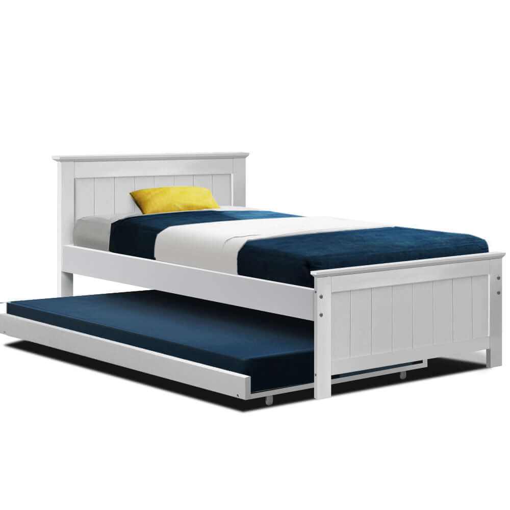 ELVIS Wooden King Single Bed Frame with Trundle - White