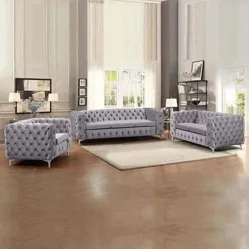 3 2 1 Seater Sofa Set in Grey Velvet Fabric with Metal Legs
