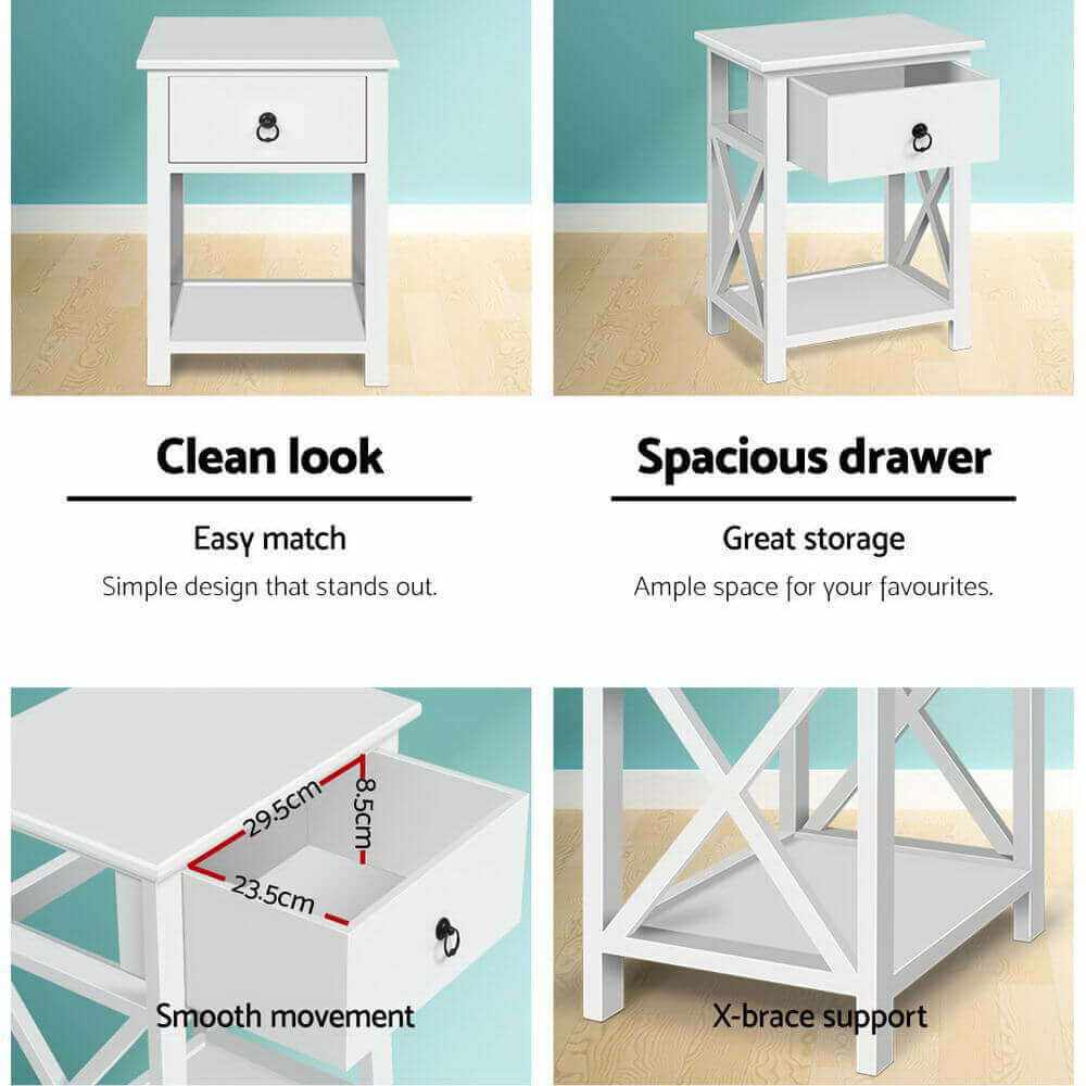 EMMA Set of 2 Bedside Table With Drawer and Shelf White