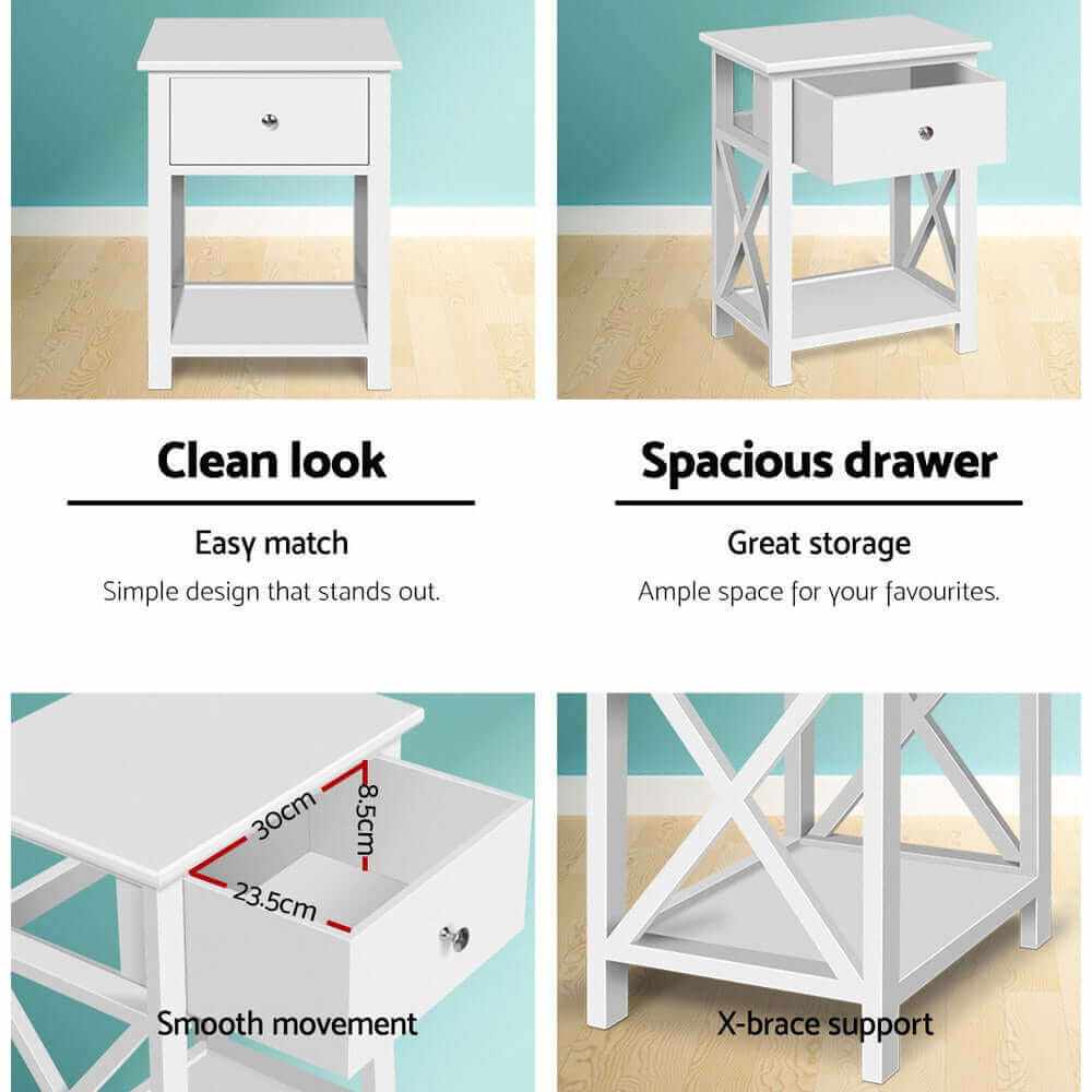 EMMA Bedside Table 1 Drawer with Shelf - White