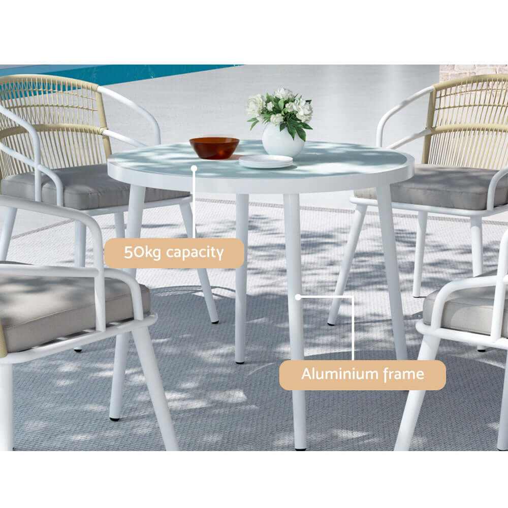 Gardeon 5 Piece Aluminium White Outdoor Table and Chairs Dining Set
