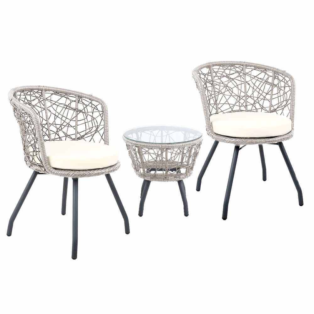 Gardeon 3PC Bistro Set Grey Rattan Garden Table and Chairs