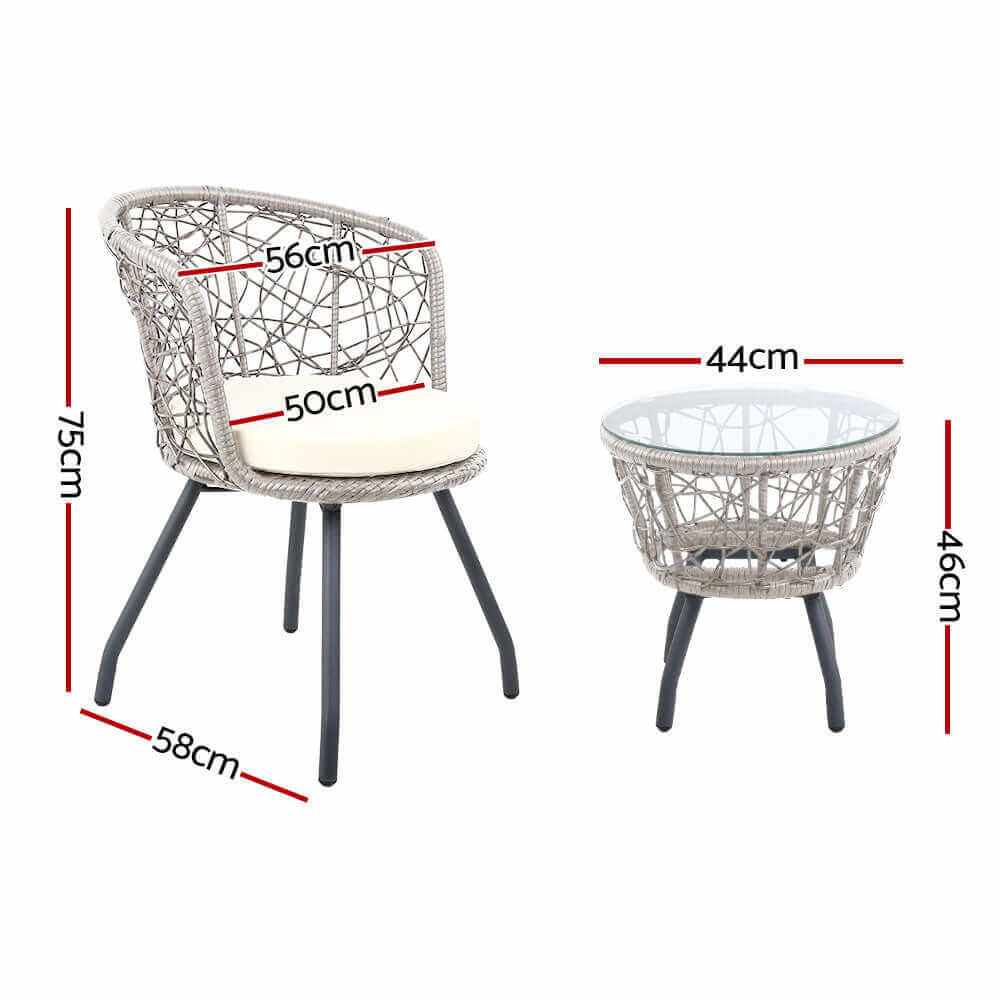 Gardeon 3PC Bistro Set Grey Rattan Garden Table and Chairs