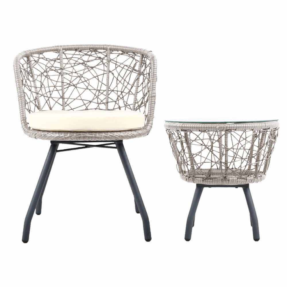 Gardeon 3PC Bistro Set Grey Rattan Garden Table and Chairs