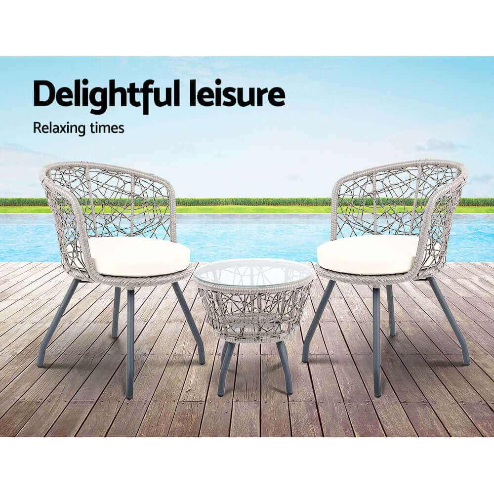 Gardeon 3PC Bistro Set Grey Rattan Garden Table and Chairs