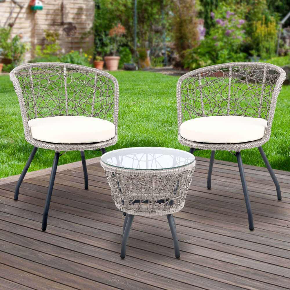 Gardeon 3PC Bistro Set Grey Rattan Garden Table and Chairs