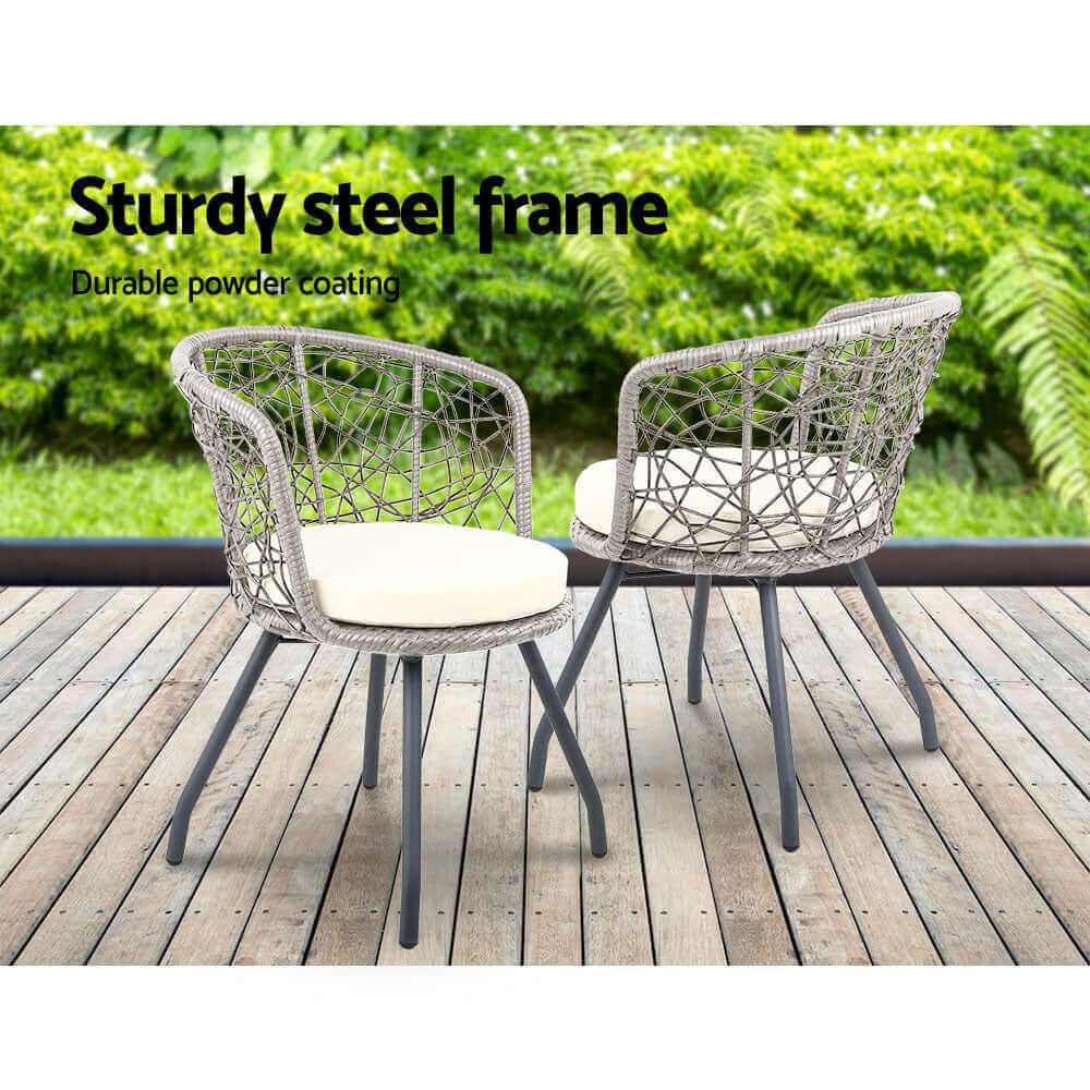 Gardeon 3PC Bistro Set Grey Rattan Garden Table and Chairs