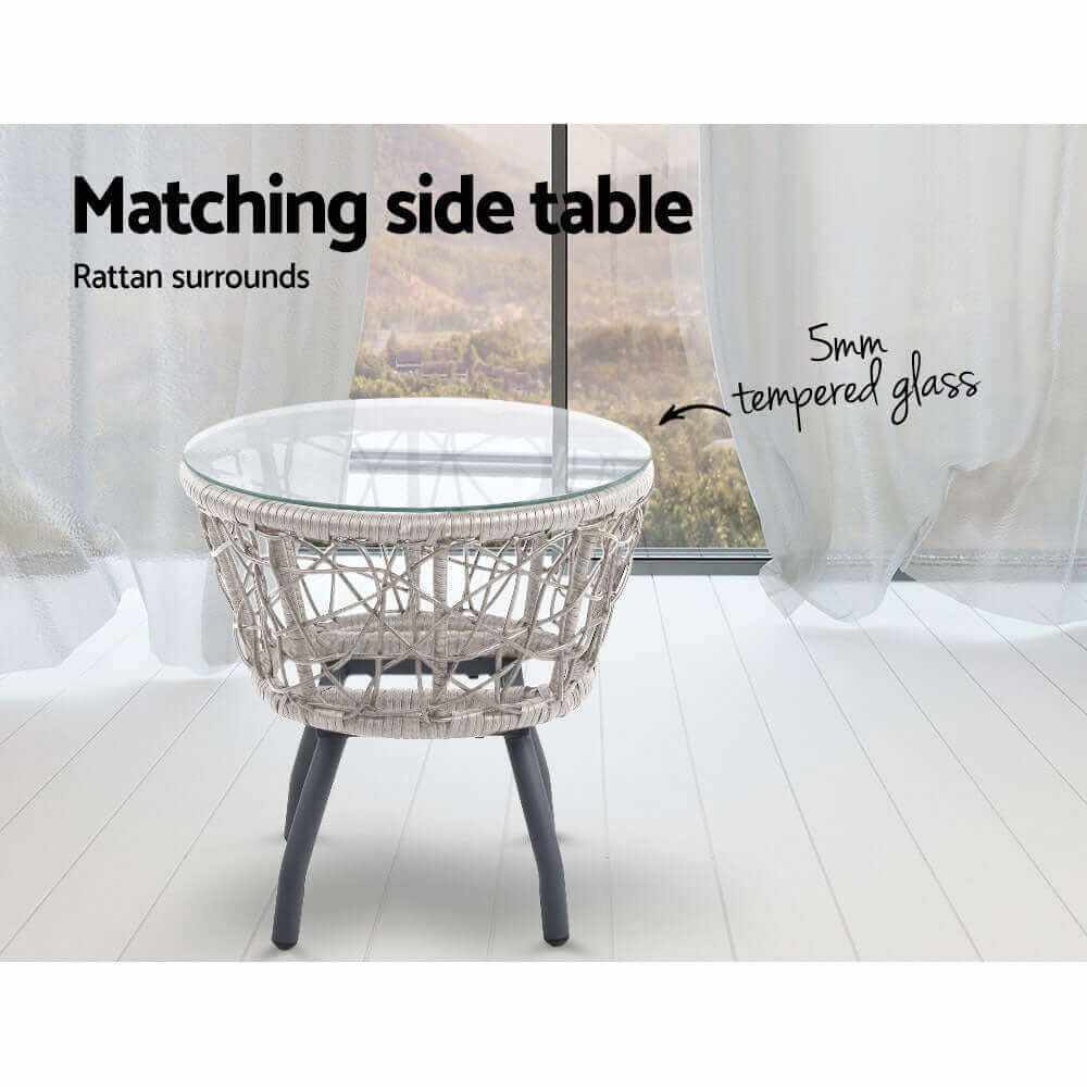Gardeon 3PC Bistro Set Grey Rattan Garden Table and Chairs