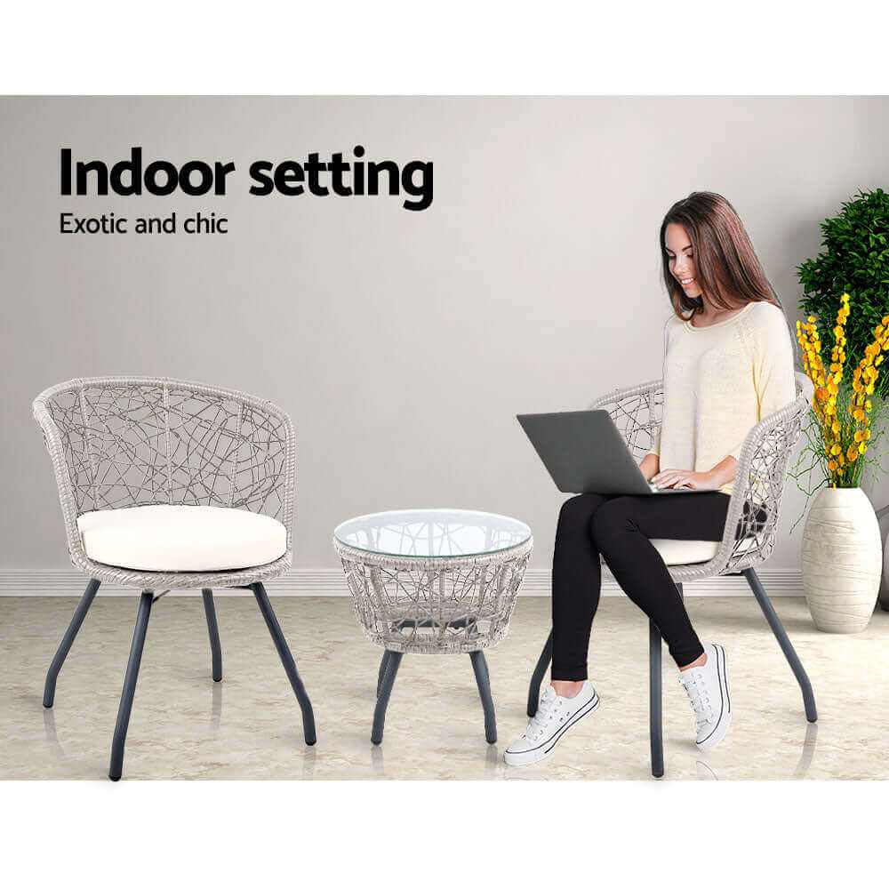 Gardeon 3PC Bistro Set Grey Rattan Garden Table and Chairs