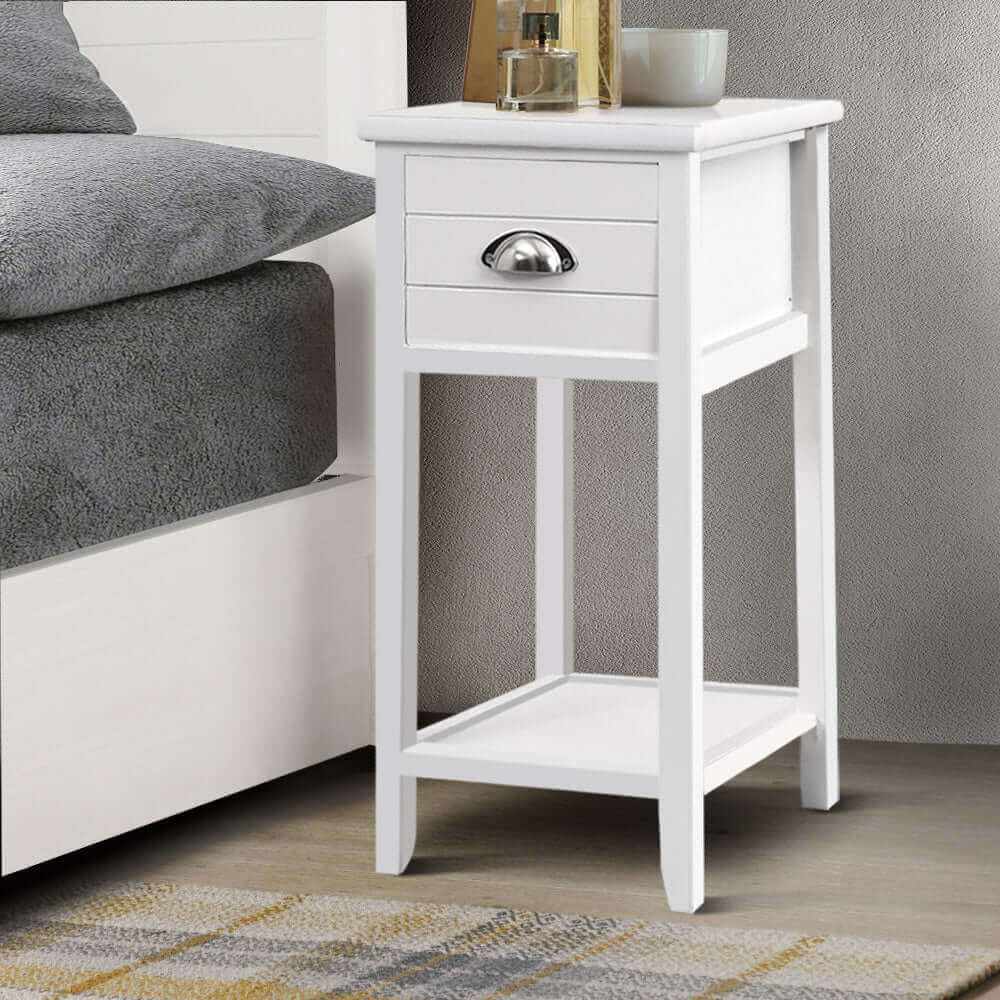 THYME Vintage Bedside Table with Drawers White
