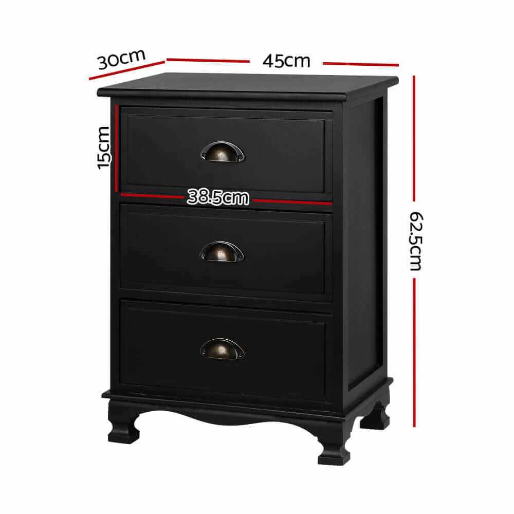 THYME Vintage Bedside Table With Drawers Black