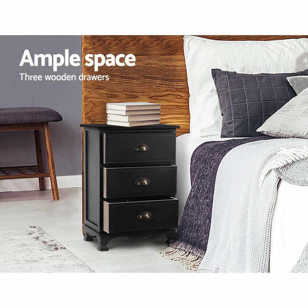 THYME Vintage Bedside Table With Drawers Black