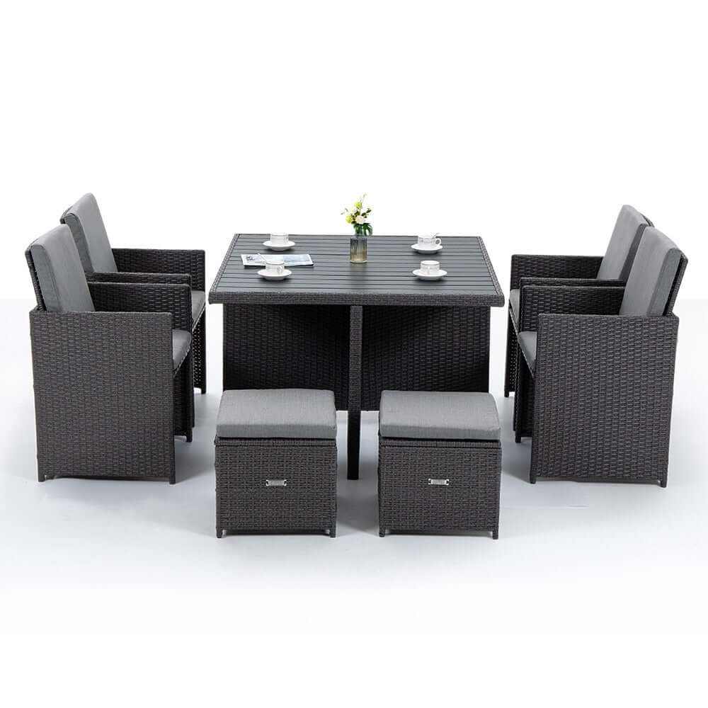 LONDON RATTAN Outdoor Dining Table 9 Piece Furniture Wicker Set - Grey