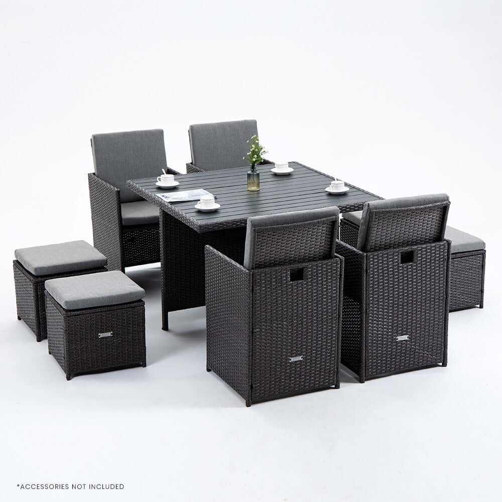 LONDON RATTAN Outdoor Dining Table 9 Piece Furniture Wicker Set - Grey