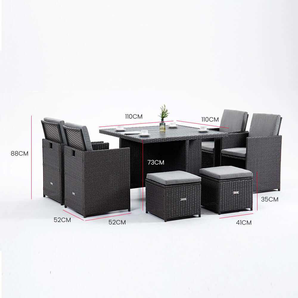 LONDON RATTAN Outdoor Dining Table 9 Piece Furniture Wicker Set - Grey