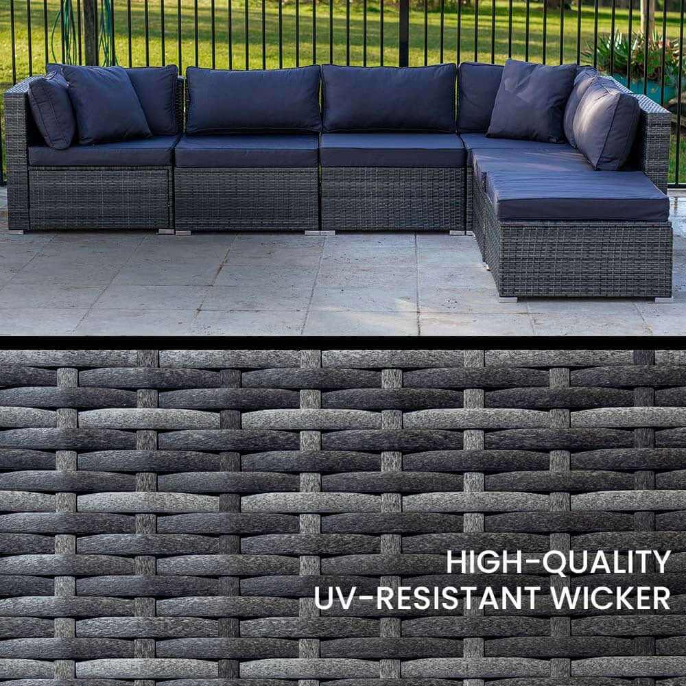 LONDON RATTAN 6 Seater Modular Outdoor Lounge Setting with Ottoman, Gr
