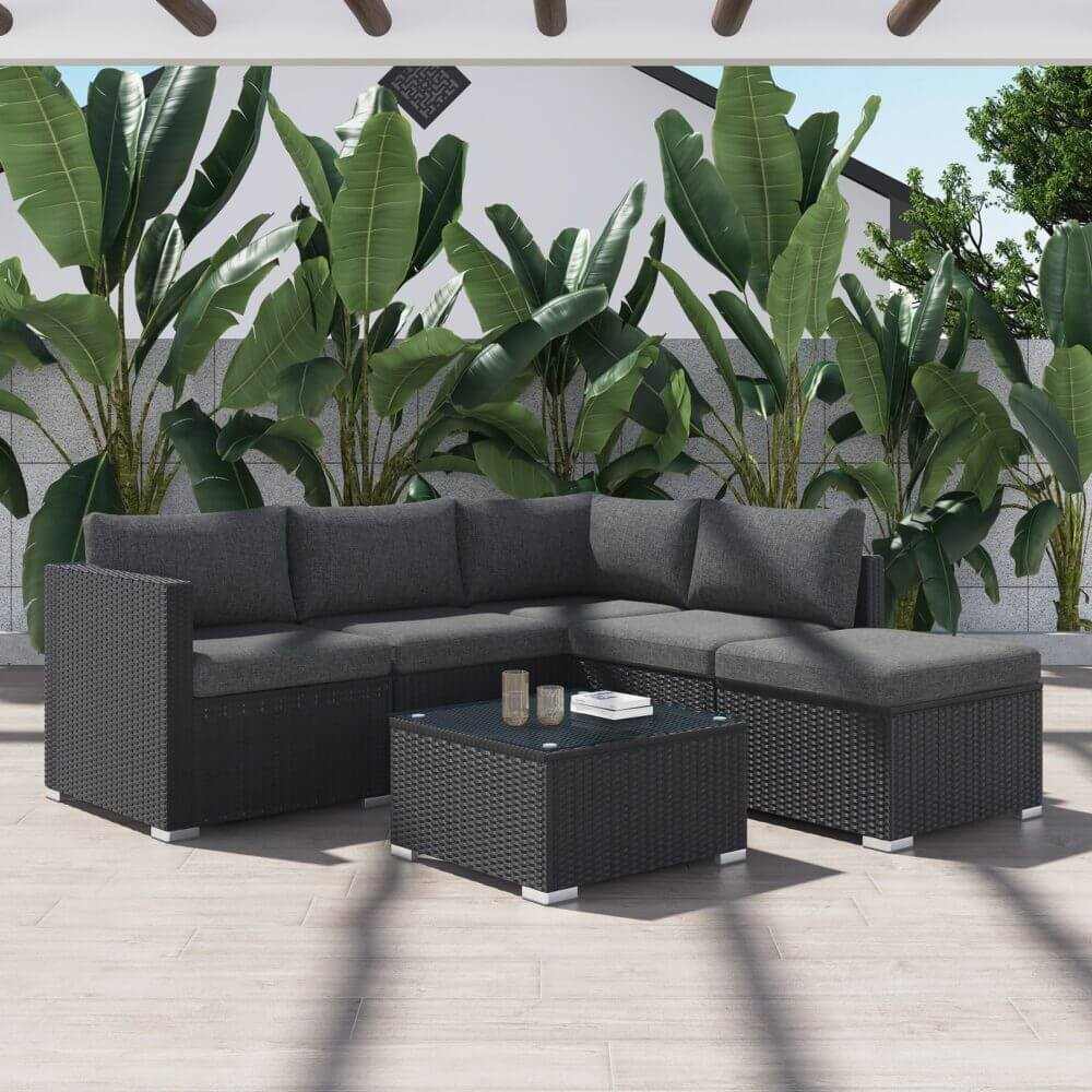 Ottoman-Style Black Outdoor Sofa Lounge Set