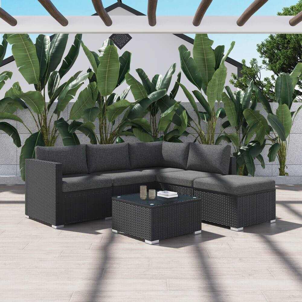 Ottoman-Style Black Outdoor Sofa Lounge Set