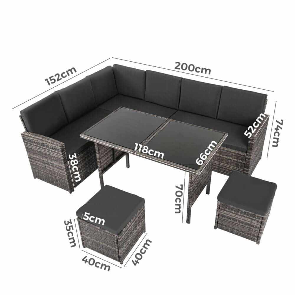 Ella 8-Seater Garden Lounge and Dining Set with Table and Stools in Da