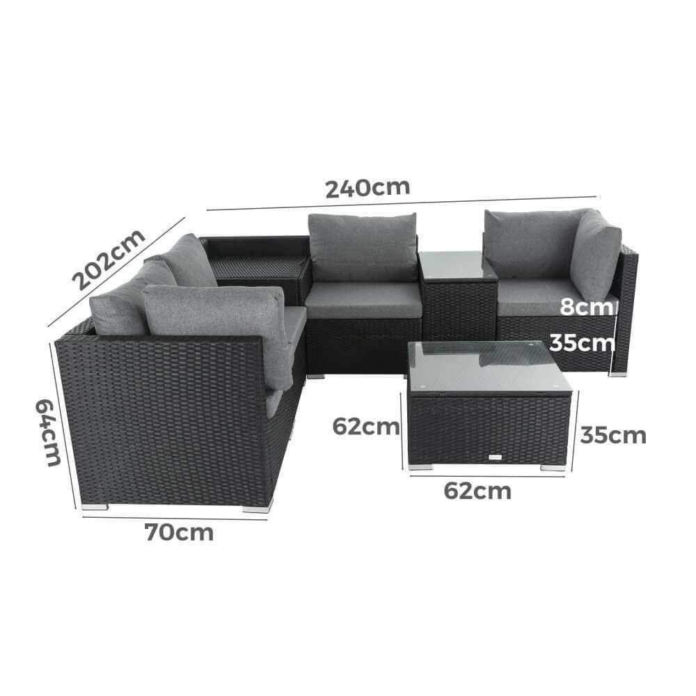 7PC Rattan Corner Sofa with Storage - Black