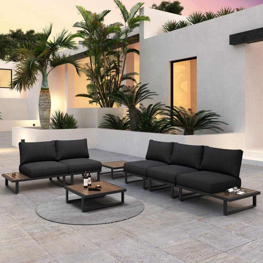Modern Outdoor Couch Set 7 Piece with Slatted Design Tables