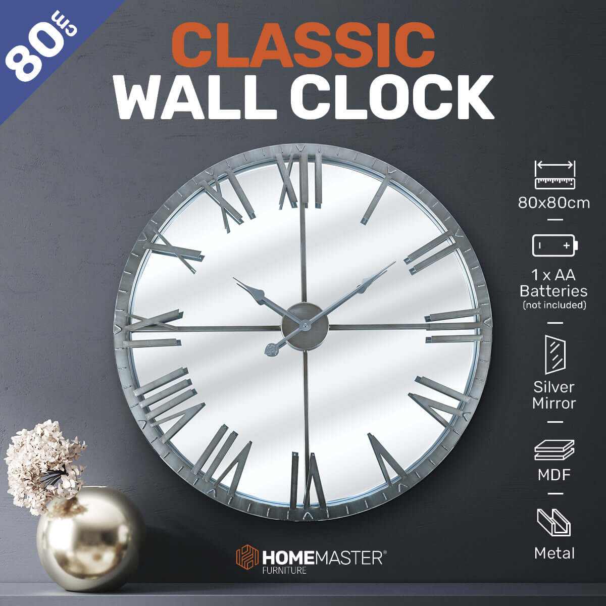 Home Master  Wall Clock Roman Numerals Stylish Mirror Face Metal Accen