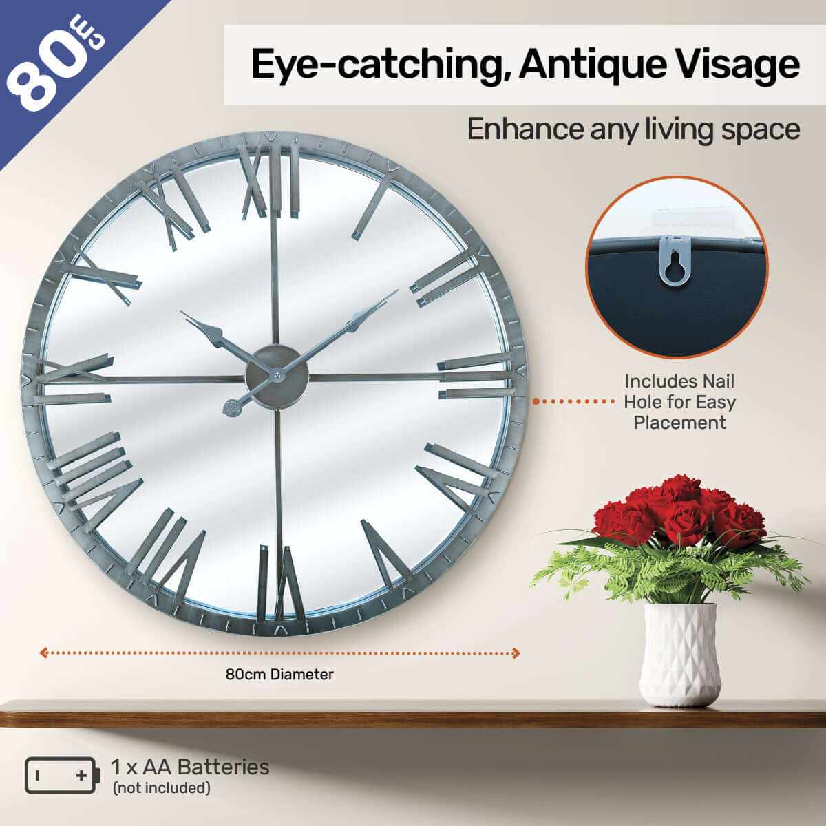 Home Master  Wall Clock Roman Numerals Stylish Mirror Face Metal Accen