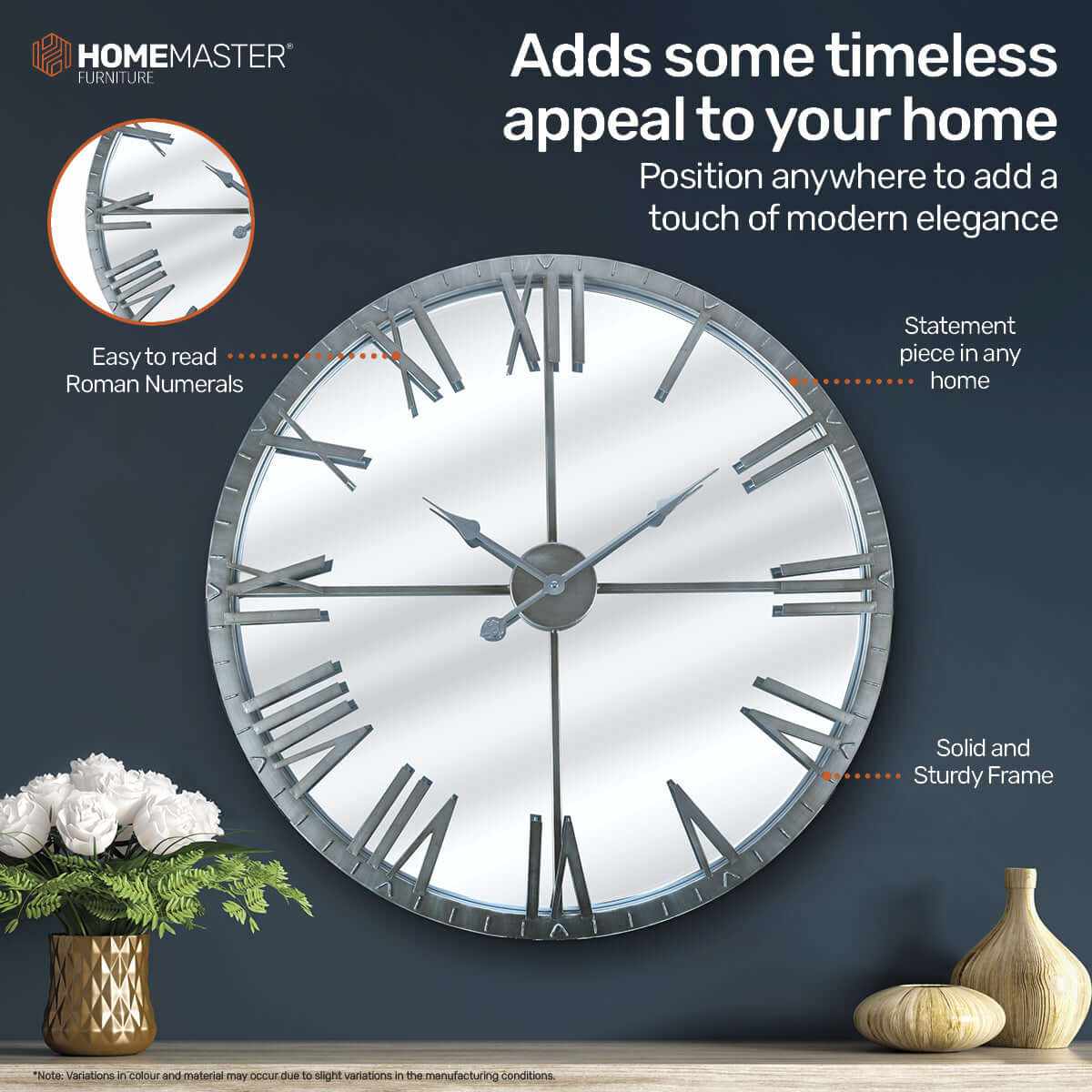 Home Master  Wall Clock Roman Numerals Stylish Mirror Face Metal Accen