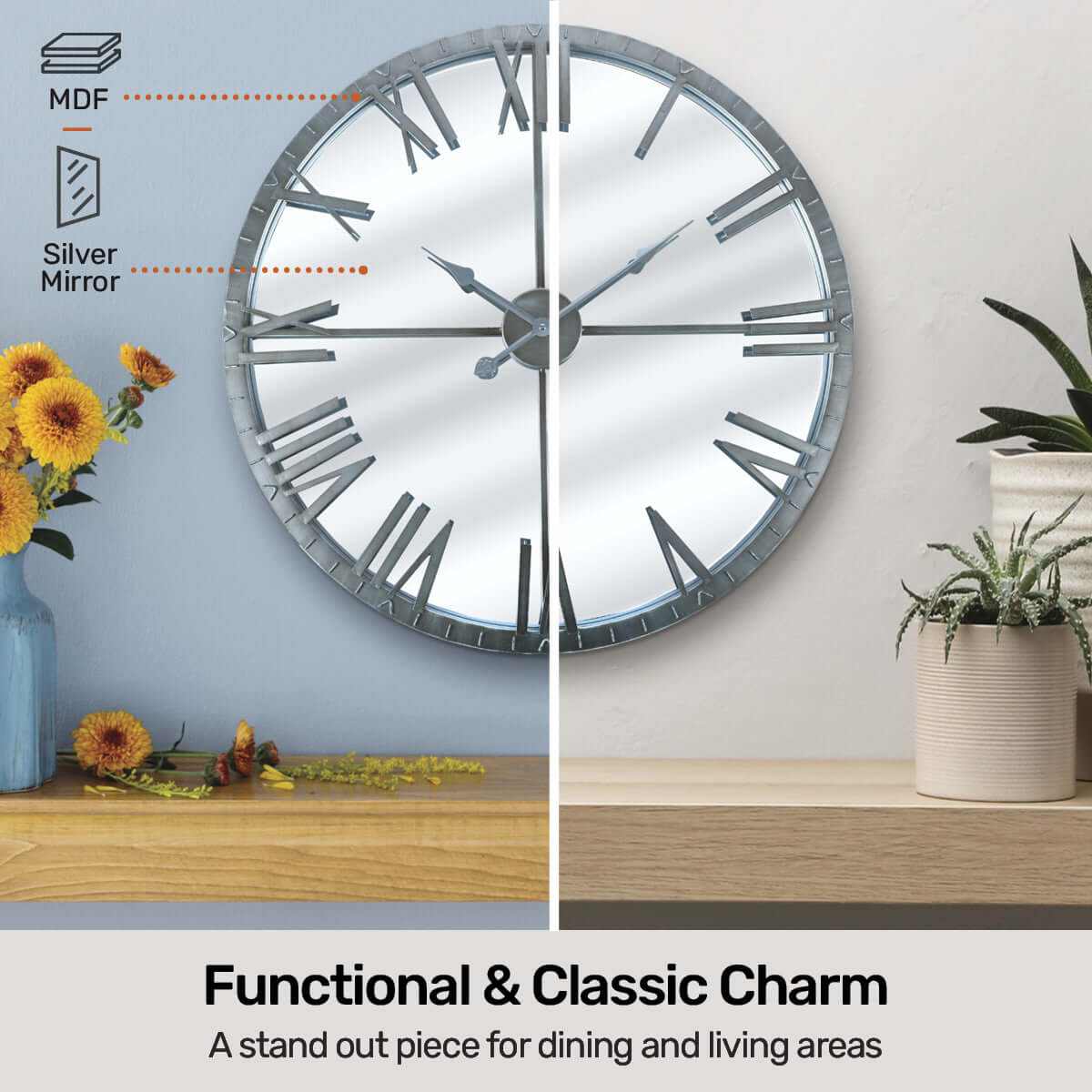 Home Master  Wall Clock Roman Numerals Stylish Mirror Face Metal Accen