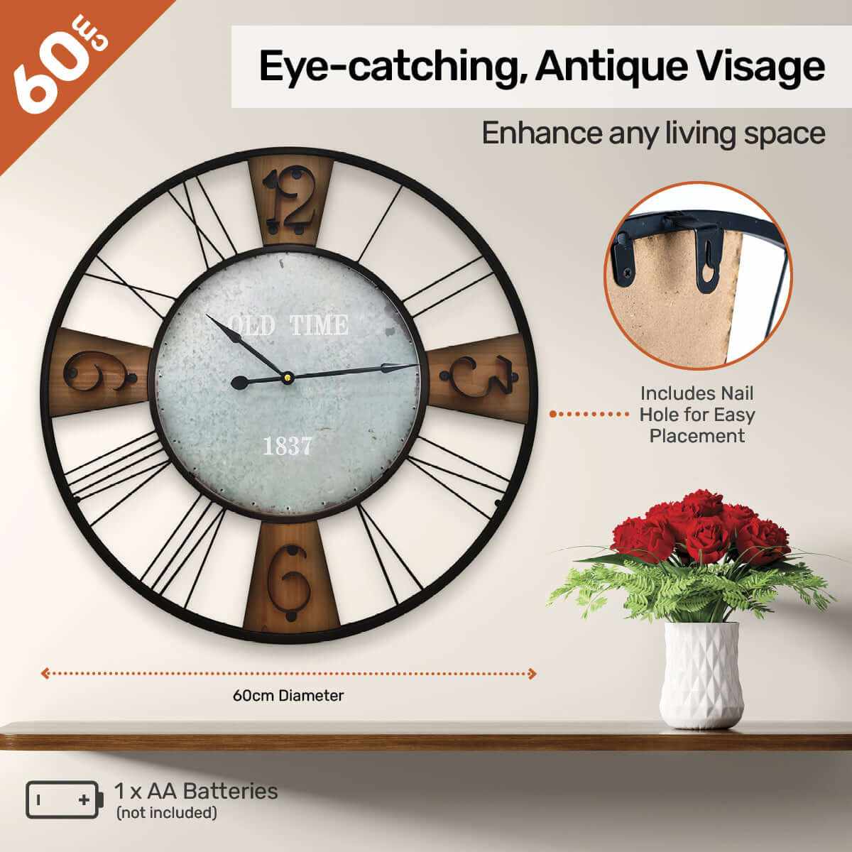 Mid Century Wall Clock Large Vintage Design 60cm