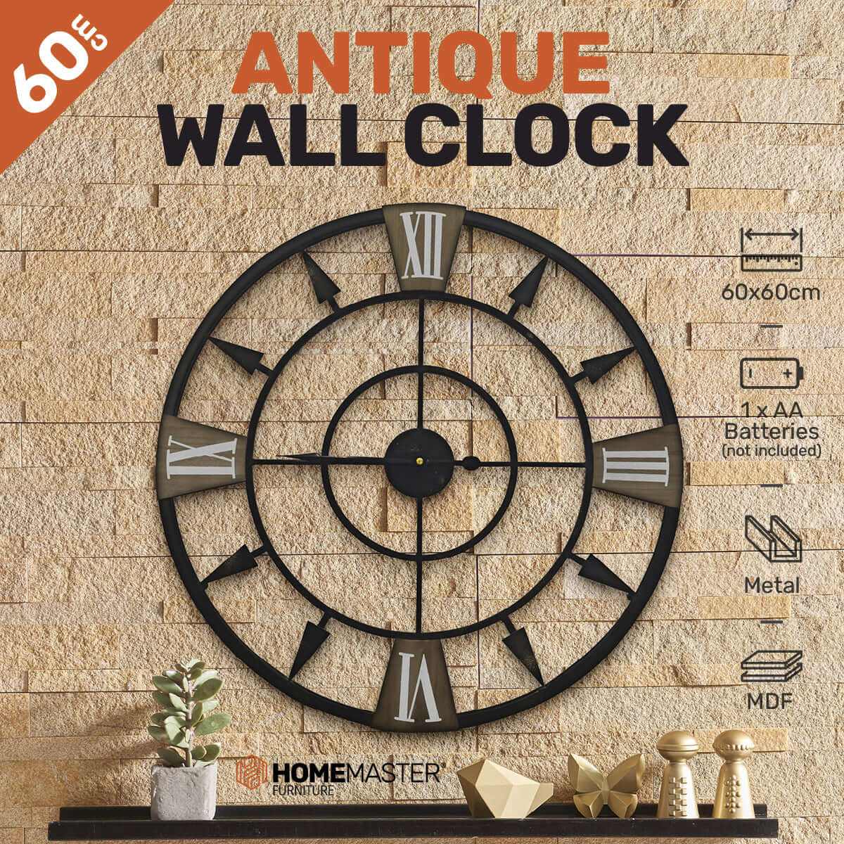 Home Master  Wall Clock Antique Style Roman Numerals Metal Accents 60c