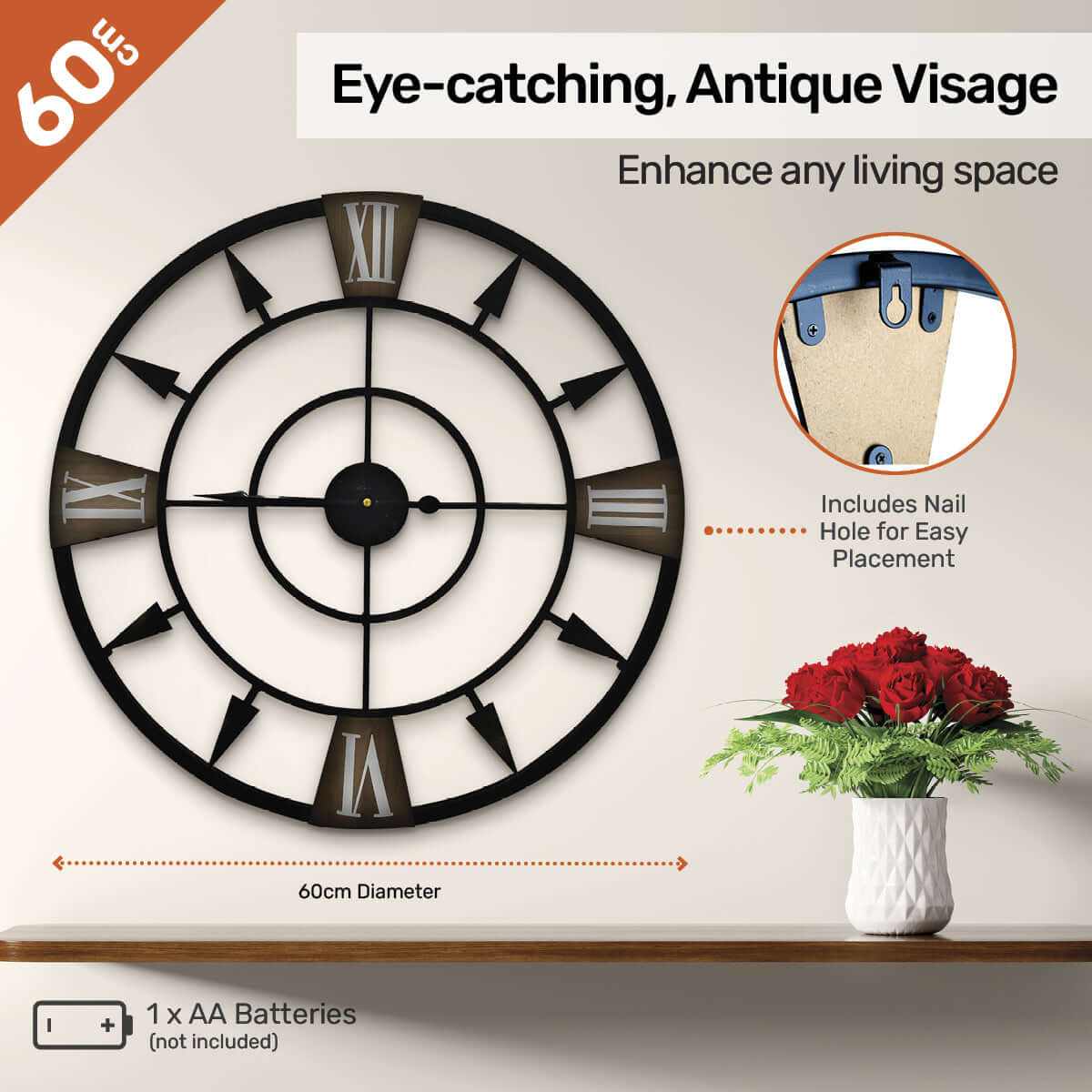 Home Master  Wall Clock Antique Style Roman Numerals Metal Accents 60c