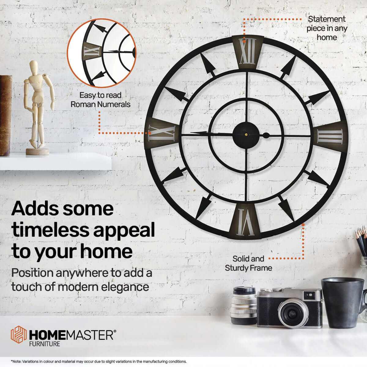 Home Master  Wall Clock Antique Style Roman Numerals Metal Accents 60c