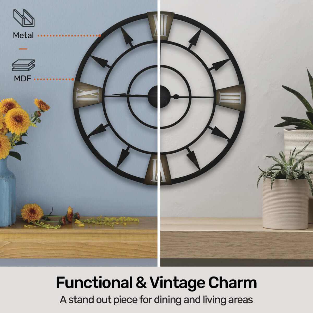 Home Master  Wall Clock Antique Style Roman Numerals Metal Accents 60c