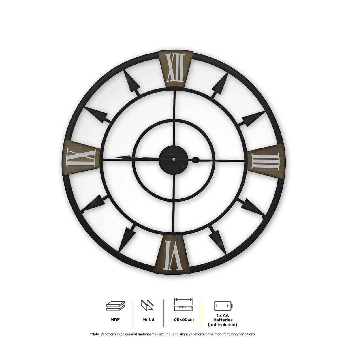 Home Master  Wall Clock Antique Style Roman Numerals Metal Accents 60c
