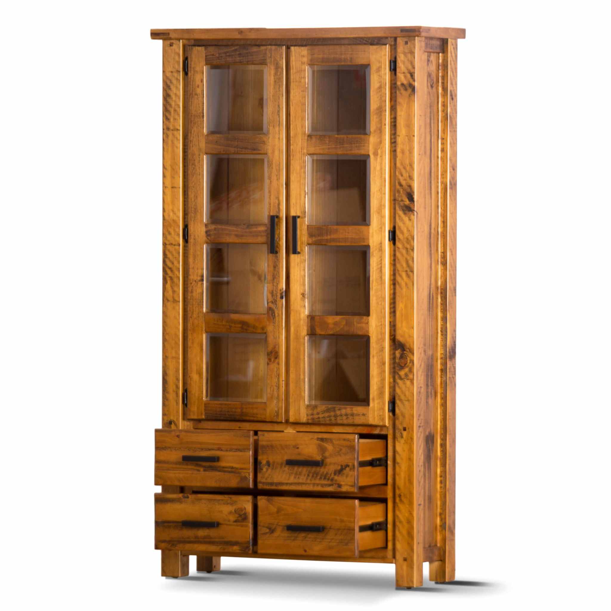 Teasel Display Unit Glass Door Bookcase Solid Pine Wood - Rustic Oak
