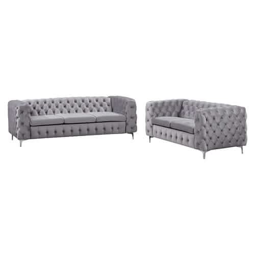 3 and 2 Seater Sofa in Grey Velvet Fabric with Metal Legs