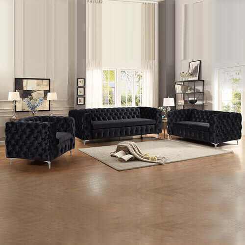 Jacques 3+2+1 Seater Black Velvet Sofa Set Lounge With Metal Legs