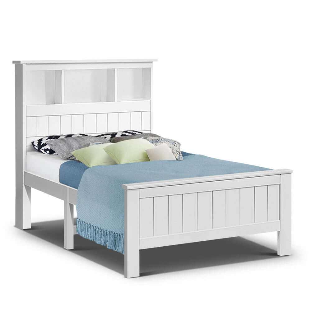 Bed Frame King Single Size Wooden with 3 Shelves - White