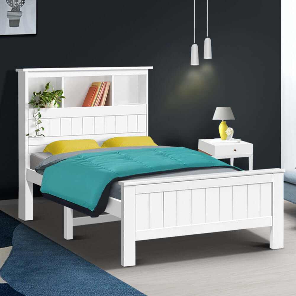 Bed Frame King Single Size Wooden with 3 Shelves - White