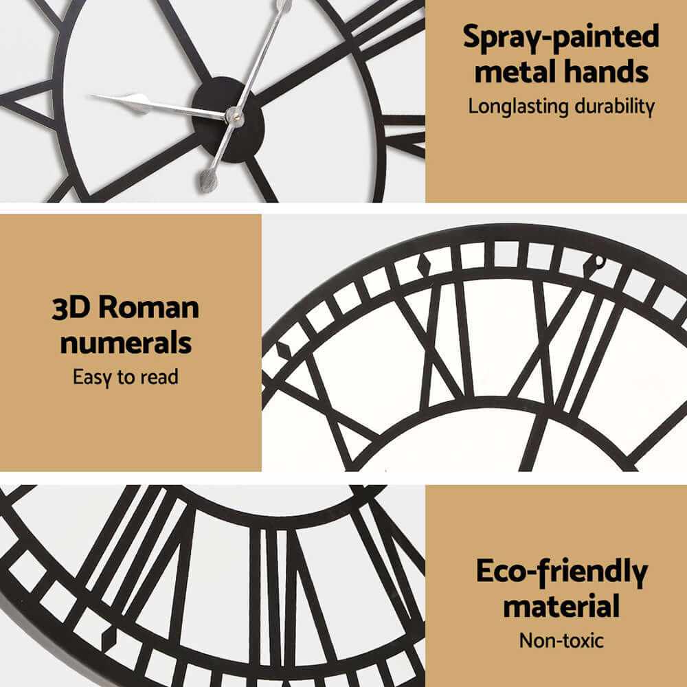 80cm Large Roman Numerals Wall Clock Metal Black