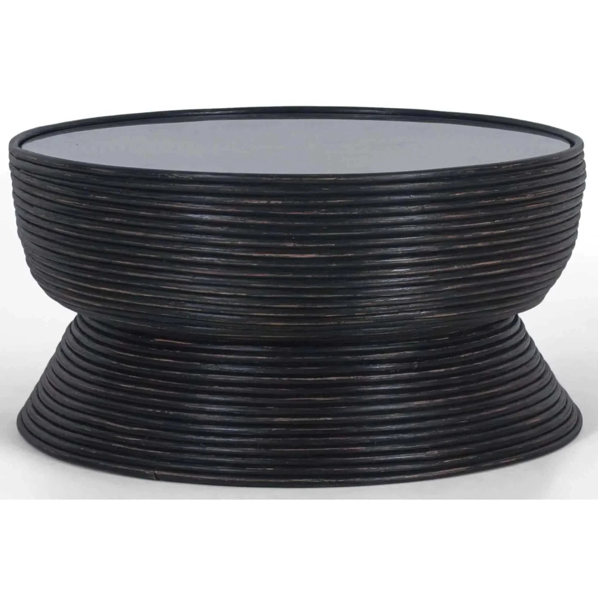 Clover Rattan Distressed Black Round Coffee Table 80cm with Glass Top