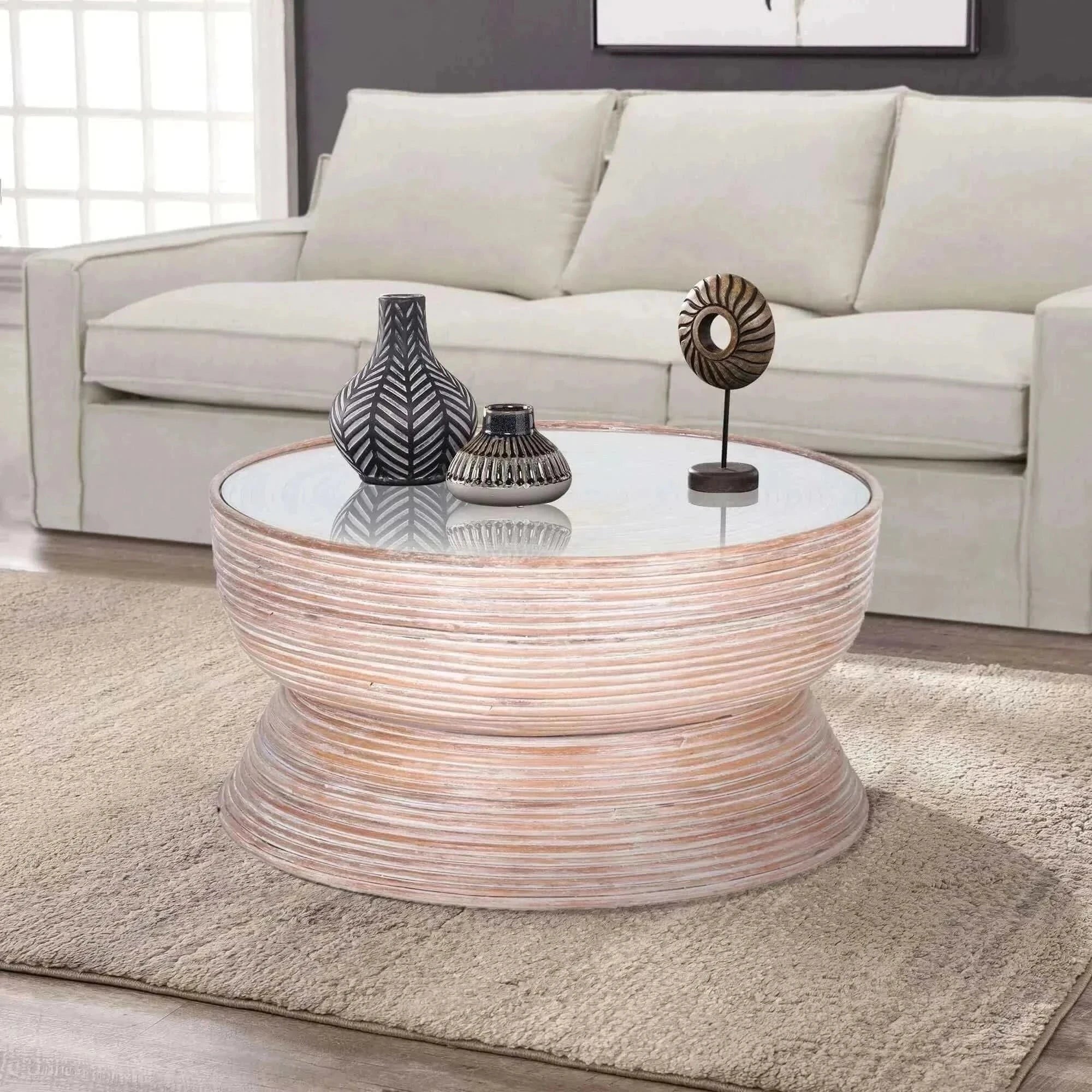 Clover Glass Top Round Coffee Table 80cm - Whitewash