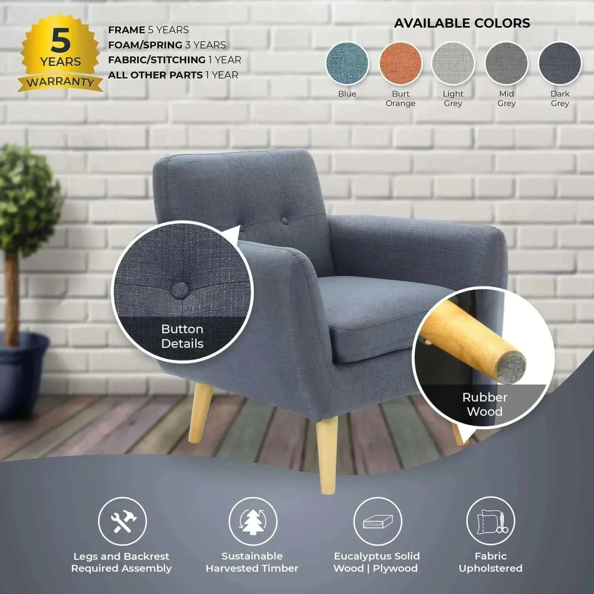 Dane Single Arm Chair Fabric Upholstered Sofa - Dark Grey