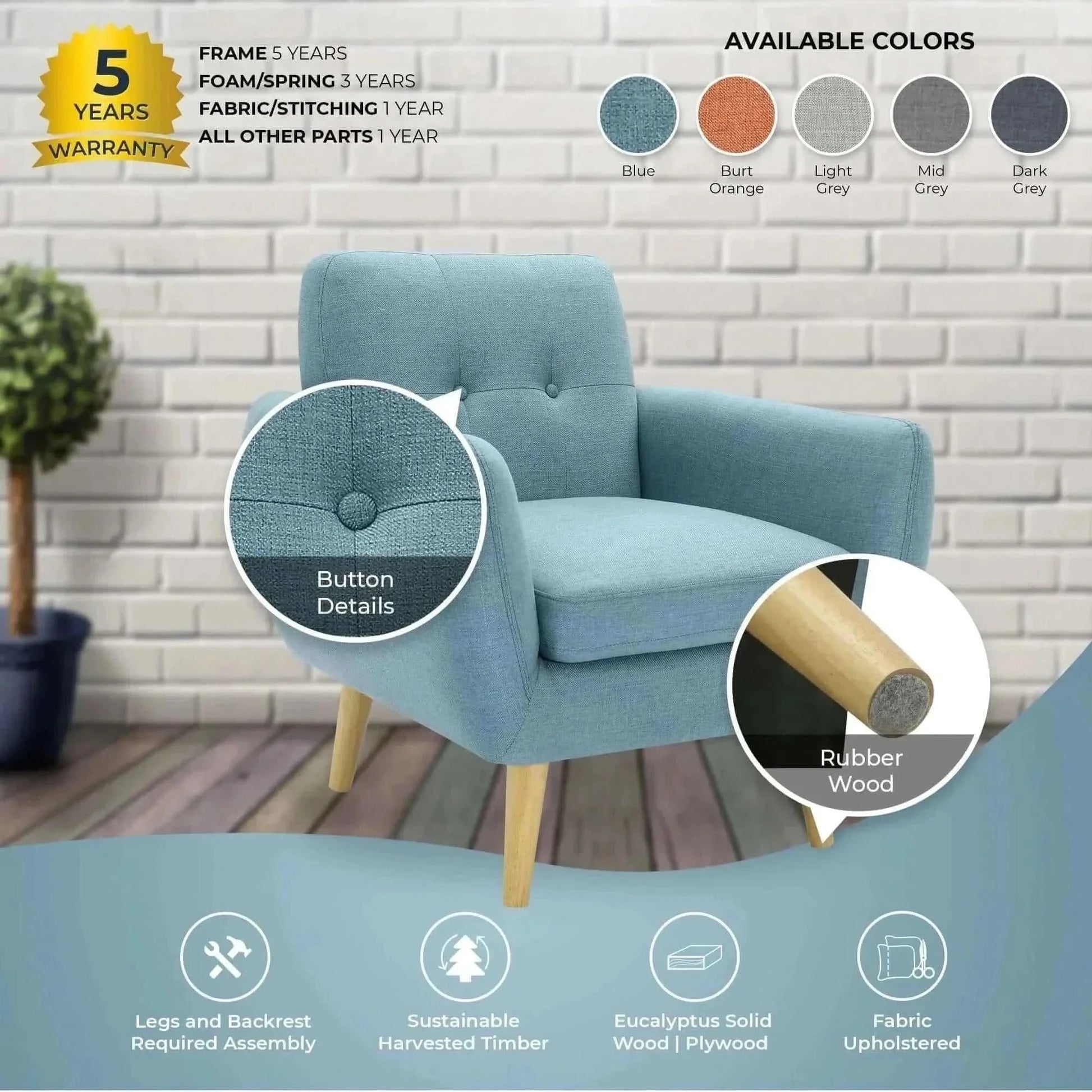 Dane Fabric Upholstered Single Seat Sofa Armchair Set of 2 - Blue