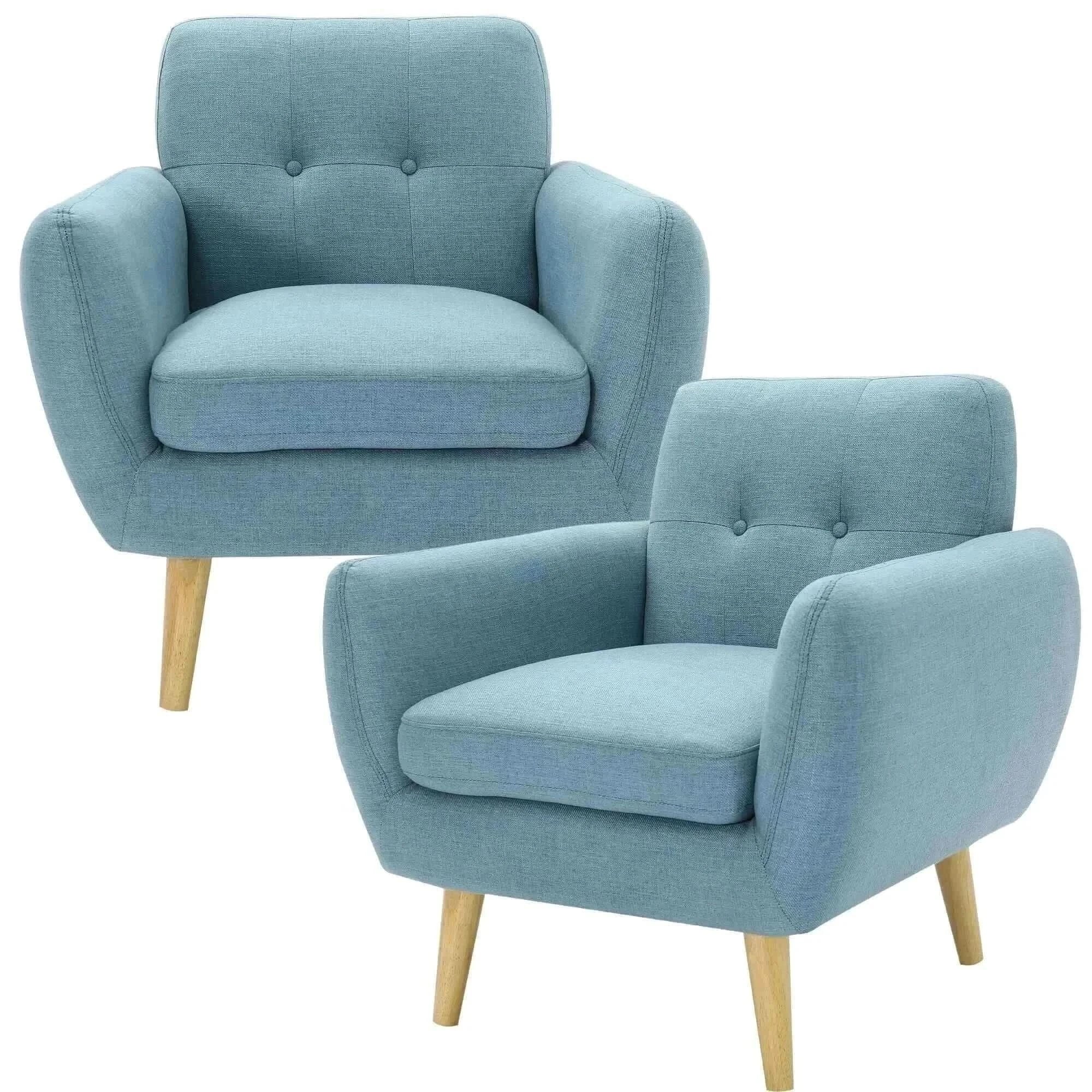 Dane Fabric Upholstered Single Seat Sofa Armchair Set of 2 - Blue