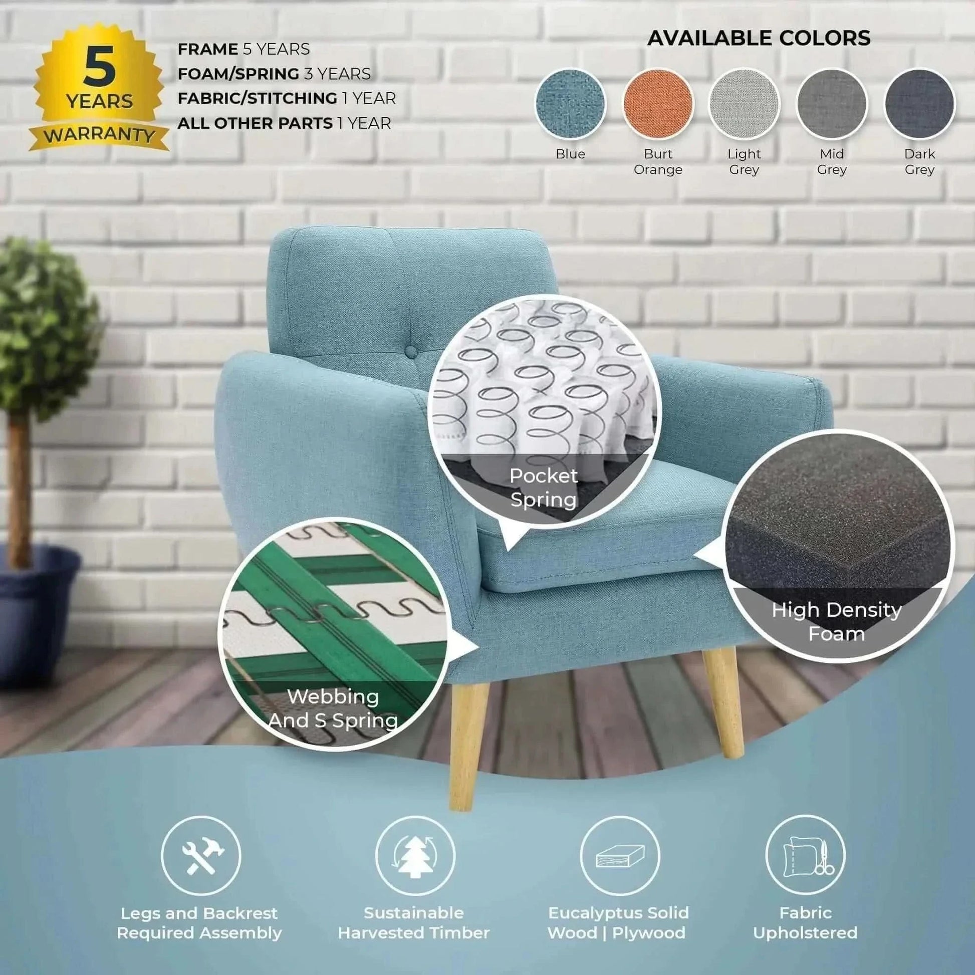 Dane Fabric Upholstered Single Seat Sofa Armchair Set of 2 - Blue