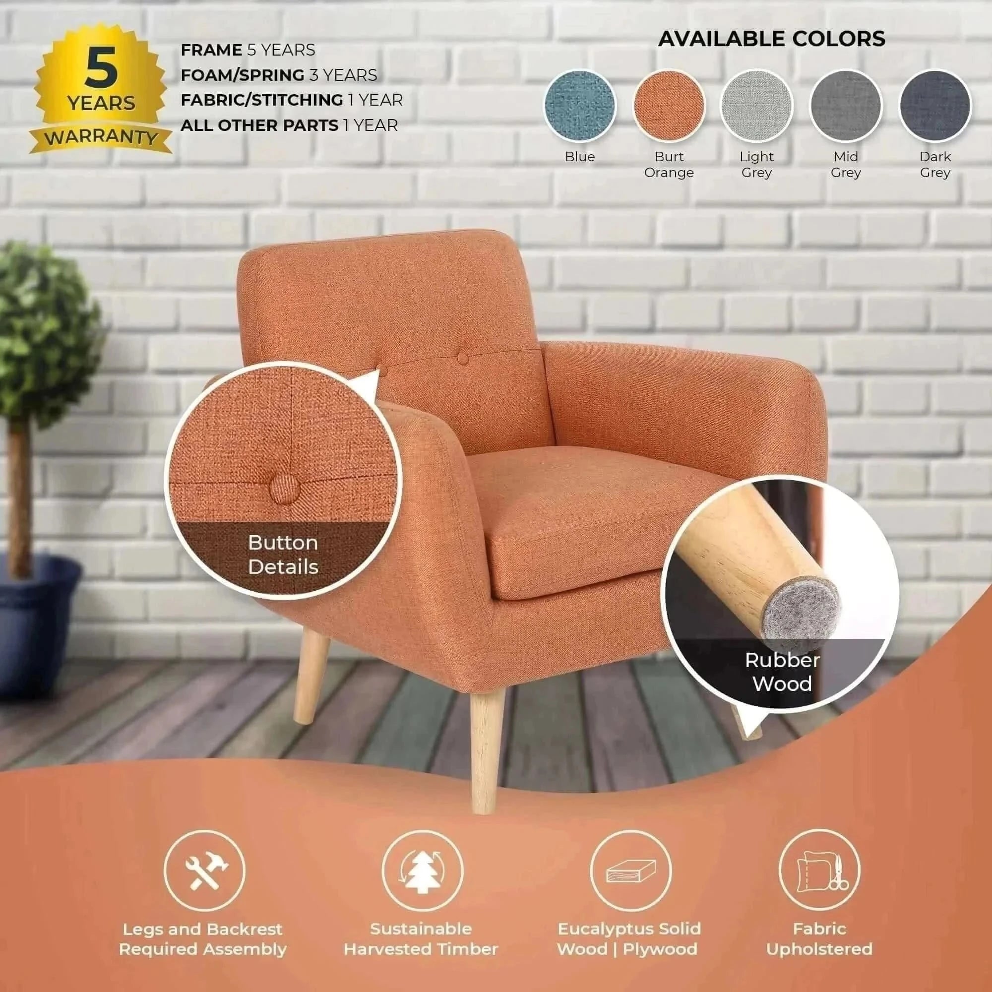 Dane Fabric Upholstered 1 Seater Armchair Set of 2 - Orange